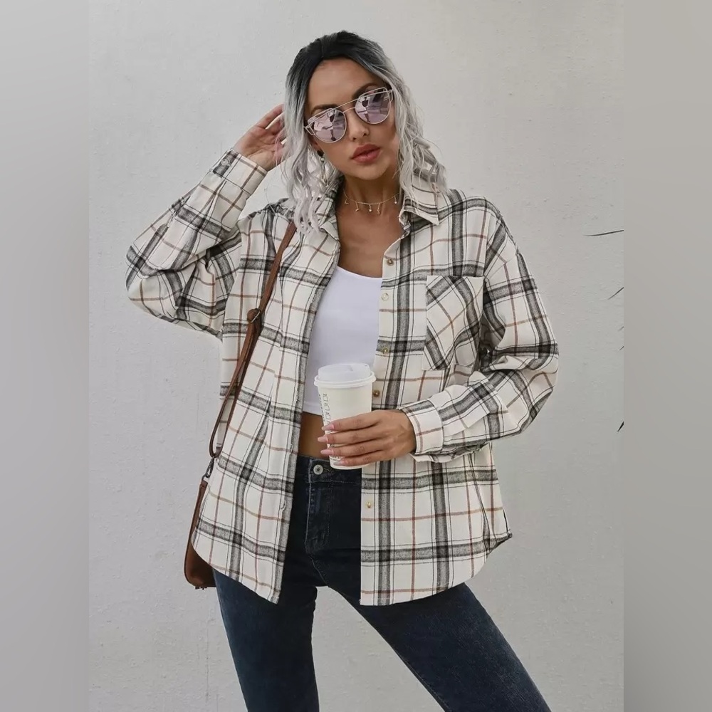 SHEIN Chiquease Plaid Patched Pocket Drop Shoulder Coat Size: Small